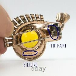 Crown Trifari Alfred Philippe Sterling Vermeil Topaz color Glass fur clip