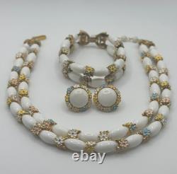 Crown Trifari Alfred Philippe White Floral Pastel Necklace Bracelet Earrings Set