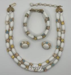 Crown Trifari Alfred Philippe White Floral Pastel Necklace Bracelet Earrings Set