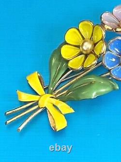 Crown Trifari Alfred Phillippe Poured Glass Gold Plate Enamel Bouquet Fur Clip