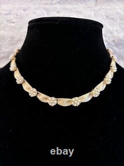 Crown Trifari Birthday Series Ribbon Necklace Choker Faux Pearl Brushed Gold