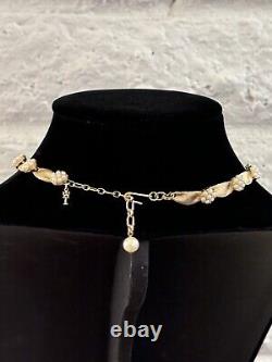 Crown Trifari Birthday Series Ribbon Necklace Choker Faux Pearl Brushed Gold