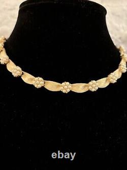 Crown Trifari Birthday Series Ribbon Necklace Choker Faux Pearl Brushed Gold