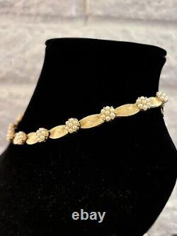 Crown Trifari Birthday Series Ribbon Necklace Choker Faux Pearl Brushed Gold