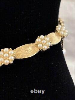 Crown Trifari Birthday Series Ribbon Necklace Choker Faux Pearl Brushed Gold