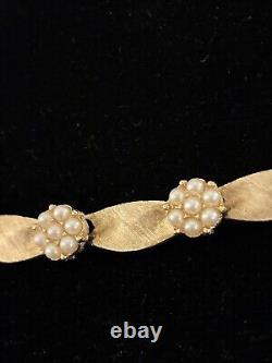 Crown Trifari Birthday Series Ribbon Necklace Choker Faux Pearl Brushed Gold