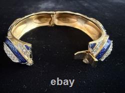 Crown Trifari Blue Enamel Rhinestone Clamper Bracelet Alfred Philippe 1960s