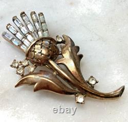 Crown Trifari Brooch Alfred Philippe Thistle Pin Clear Rhinestones Gold Tone