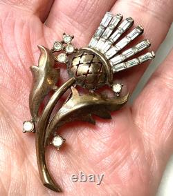 Crown Trifari Brooch Alfred Philippe Thistle Pin Clear Rhinestones Gold Tone