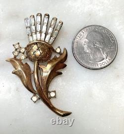 Crown Trifari Brooch Alfred Philippe Thistle Pin Clear Rhinestones Gold Tone