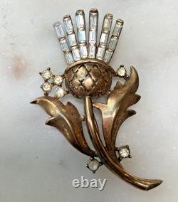 Crown Trifari Brooch Alfred Philippe Thistle Pin Clear Rhinestones Gold Tone