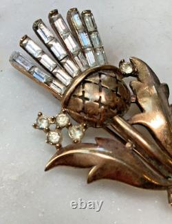 Crown Trifari Brooch Alfred Philippe Thistle Pin Clear Rhinestones Gold Tone