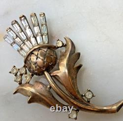 Crown Trifari Brooch Alfred Philippe Thistle Pin Clear Rhinestones Gold Tone