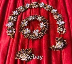 Crown Trifari Brooch-Bracelet- Earrings Gold Tone Amethyst & Rhinestones Set