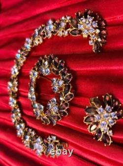 Crown Trifari Brooch-Bracelet- Earrings Gold Tone Amethyst & Rhinestones Set