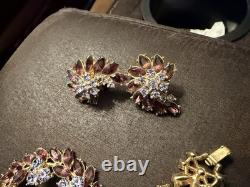 Crown Trifari Brooch-Bracelet- Earrings Gold Tone Amethyst & Rhinestones Set