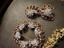 Crown Trifari Brooch-Bracelet- Earrings Gold Tone Amethyst & Rhinestones Set