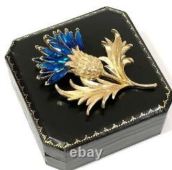 Crown Trifari Brooch Teal Rhinestones Scottish Thistle Pin Alfred Philippe RARE