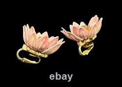 Crown Trifari Earrings Alfred Philippe Pink Flower Yellow Gold Plated Vintage