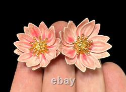 Crown Trifari Earrings Alfred Philippe Pink Flower Yellow Gold Plated Vintage