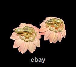 Crown Trifari Earrings Alfred Philippe Pink Flower Yellow Gold Plated Vintage