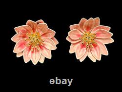 Crown Trifari Earrings Alfred Philippe Pink Flower Yellow Gold Plated Vintage