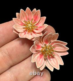Crown Trifari Earrings Alfred Philippe Pink Flower Yellow Gold Plated Vintage