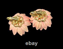 Crown Trifari Earrings Alfred Philippe Pink Flower Yellow Gold Plated Vintage