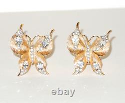 Crown Trifari Figural Butterfly Clip On Earrings Gold Tone Clear Rhinestones