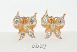 Crown Trifari Figural Butterfly Clip On Earrings Gold Tone Clear Rhinestones