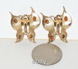Crown Trifari Figural Butterfly Clip On Earrings Gold Tone Clear Rhinestones