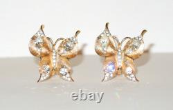 Crown Trifari Figural Butterfly Clip On Earrings Gold Tone Clear Rhinestones