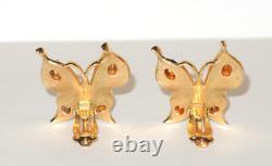Crown Trifari Figural Butterfly Clip On Earrings Gold Tone Clear Rhinestones