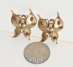Crown Trifari Figural Butterfly Clip On Earrings Gold Tone Clear Rhinestones