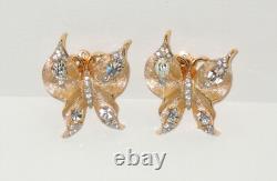 Crown Trifari Figural Butterfly Clip On Earrings Gold Tone Clear Rhinestones