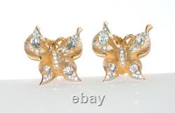 Crown Trifari Figural Butterfly Clip On Earrings Gold Tone Clear Rhinestones