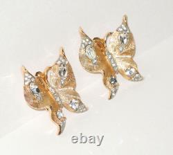 Crown Trifari Figural Butterfly Clip On Earrings Gold Tone Clear Rhinestones