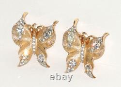 Crown Trifari Figural Butterfly Clip On Earrings Gold Tone Clear Rhinestones