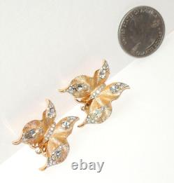 Crown Trifari Figural Butterfly Clip On Earrings Gold Tone Clear Rhinestones