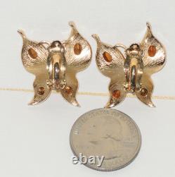 Crown Trifari Figural Butterfly Clip On Earrings Gold Tone Clear Rhinestones