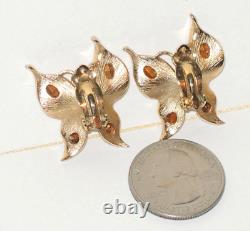 Crown Trifari Figural Butterfly Clip On Earrings Gold Tone Clear Rhinestones