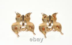 Crown Trifari Figural Butterfly Clip On Earrings Gold Tone Clear Rhinestones