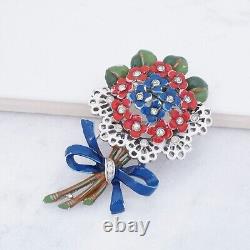 Crown Trifari Flower Bouquet Brooch Pin Clip Alfred Philippe Rhinestone Enamel