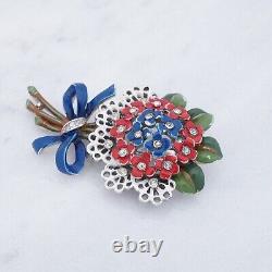 Crown Trifari Flower Bouquet Brooch Pin Clip Alfred Philippe Rhinestone Enamel