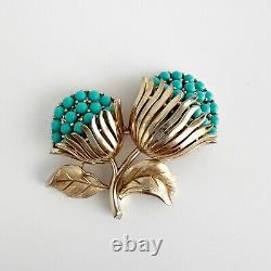 Crown Trifari Flower Brooch Pin Faux Turquoise Brushed Gold Tone Alfred Philippe