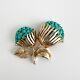 Crown Trifari Flower Brooch Pin Faux Turquoise Brushed Gold Tone Alfred Philippe