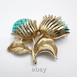 Crown Trifari Flower Brooch Pin Faux Turquoise Brushed Gold Tone Alfred Philippe