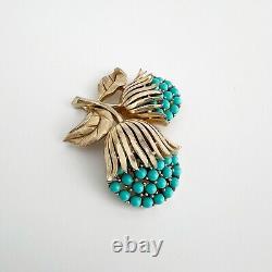 Crown Trifari Flower Brooch Pin Faux Turquoise Brushed Gold Tone Alfred Philippe