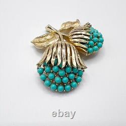Crown Trifari Flower Brooch Pin Faux Turquoise Brushed Gold Tone Alfred Philippe
