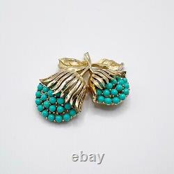 Crown Trifari Flower Brooch Pin Faux Turquoise Brushed Gold Tone Alfred Philippe